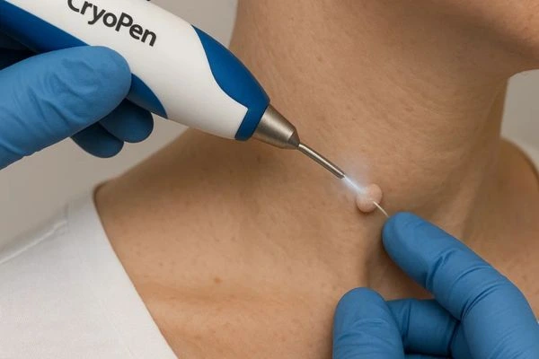 Person receiving cryotherapy Norfolk for skin tag removal