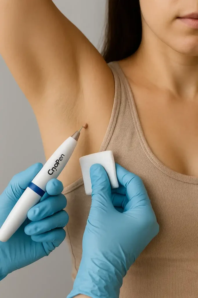 woman having cryopen to remove underarm skin tags Norfolk