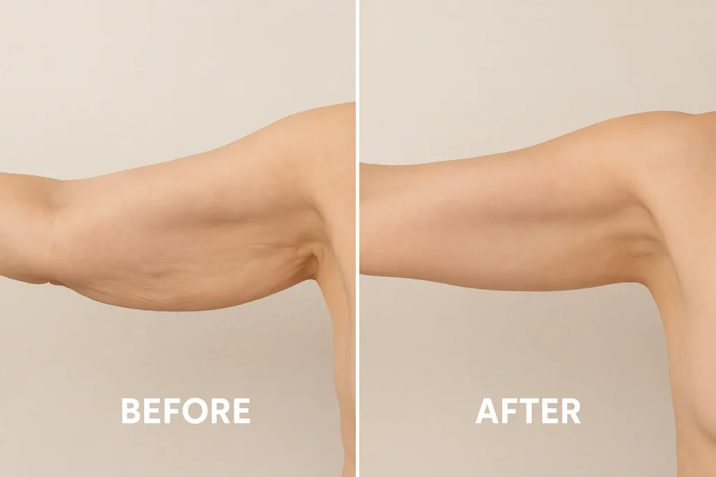 Picture of LA LIPO Norfolk before and after results of skin tightening treatment on the upper arms.