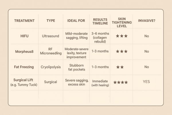 Table showing the comparisons of Skin tightening Norfolk treatment options. 